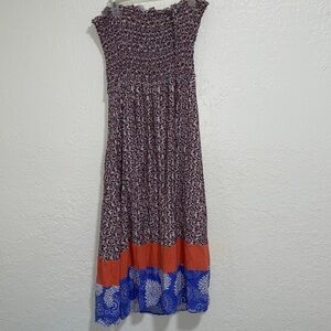 THML Navy, White & Rust Floral Smocked Tie-Shoulder Maxi Dress